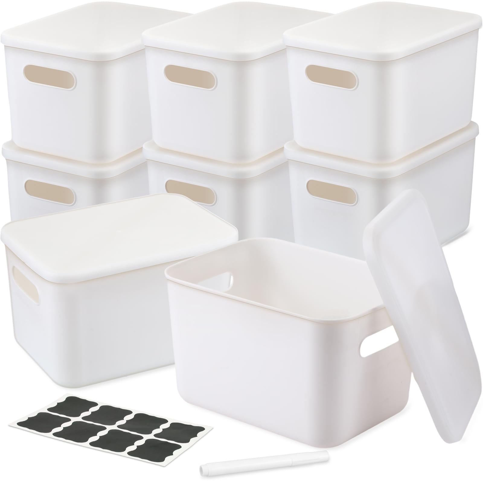 BBTO 8 Pcs White Plastic Storage Bins with Lids Organizing Container with Handle Stackable Containers for Organizing Including Labels and Marker for Table Organization, 10.2 x 7.3 x 6.5 Inch