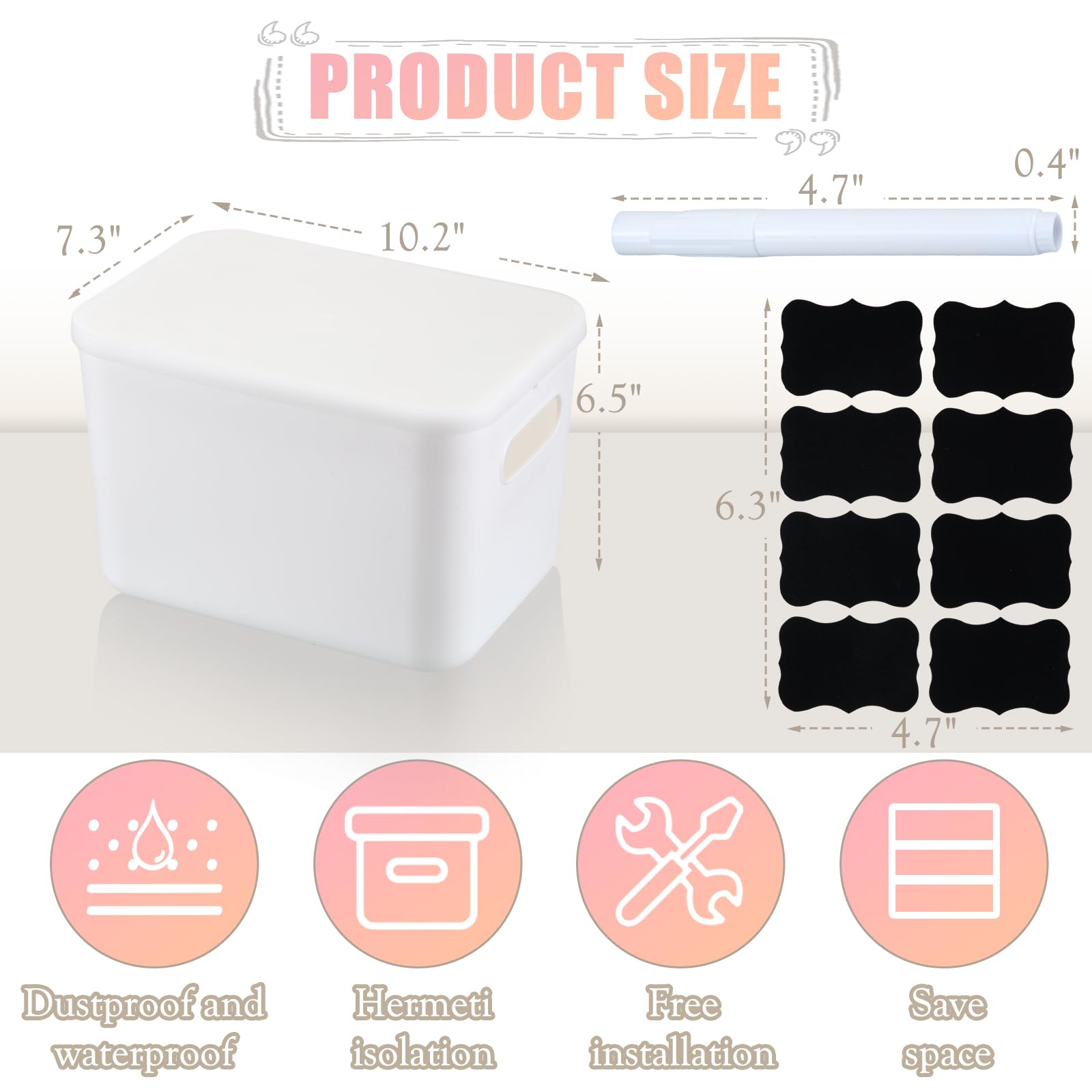 BBTO 8 Pcs White Plastic Storage Bins with Lids Organizing Container with Handle Stackable Containers for Organizing Including Labels and Marker for Table Organization, 10.2 x 7.3 x 6.5 Inch