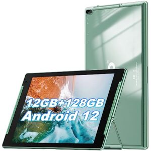 android tablet, 10 inch tablet with stand/glass housing, 12gb ram 128gb rom with 512gb expand tablets, wifi6, ips + touch screen, 6000mah battery, bluetooth5.0, gps, dual camera (green)