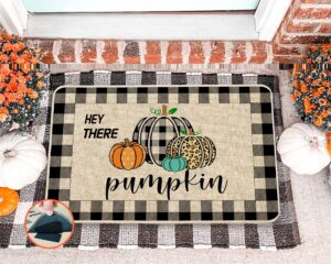 gsofly thanksgiving day decorations for home - fall door mat, decorative fall welcome mat with 4pcs rug gripper, buffalo check plaid pumpkin door mats for indoor outdoor - 18"x30" (hey there pumpkin)