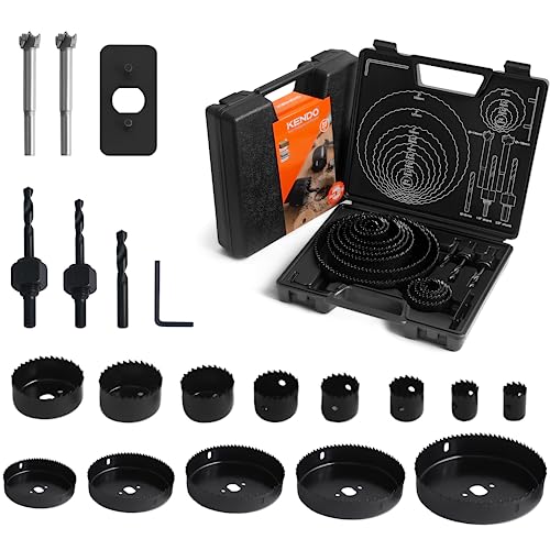 KENDO Hole Saw Set, 23PCS Hole Saw Kit with 3/4" to 6" (19mm-152mm) Saw Blades, Mandrels, Drill Bits, Installation Plate, Hex Key, Ideal for Soft Wood, Plastic, PVC Board, Drywall with Storage Case