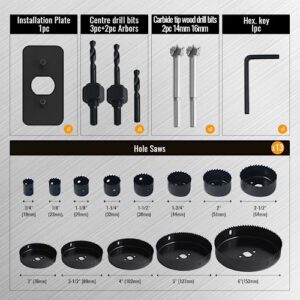 KENDO Hole Saw Set, 23PCS Hole Saw Kit with 3/4" to 6" (19mm-152mm) Saw Blades, Mandrels, Drill Bits, Installation Plate, Hex Key, Ideal for Soft Wood, Plastic, PVC Board, Drywall with Storage Case