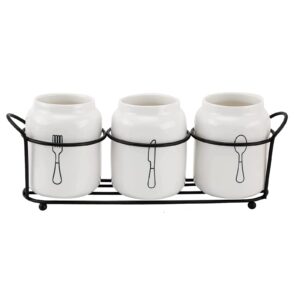 3-piece ceramic silverware caddy with metal rack, cutlery organizer flatware caddy for countertop, white