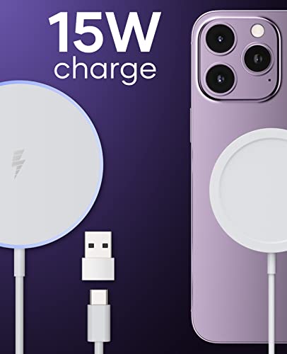 (2 Pack) Magnetic Wireless Charger, 15W Max Wireless Fast Charging Pad for iPhone 15 14 13 12 Series and AirPods, Magnet Apple Mag Safe Charger with 5ft Dual Charging Port Cable (Mag-Safe)