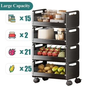 FSLGWRK 4 Tier Rolling Cart, Stackable Metal Kitchen Storage Cart with Wheels, Black