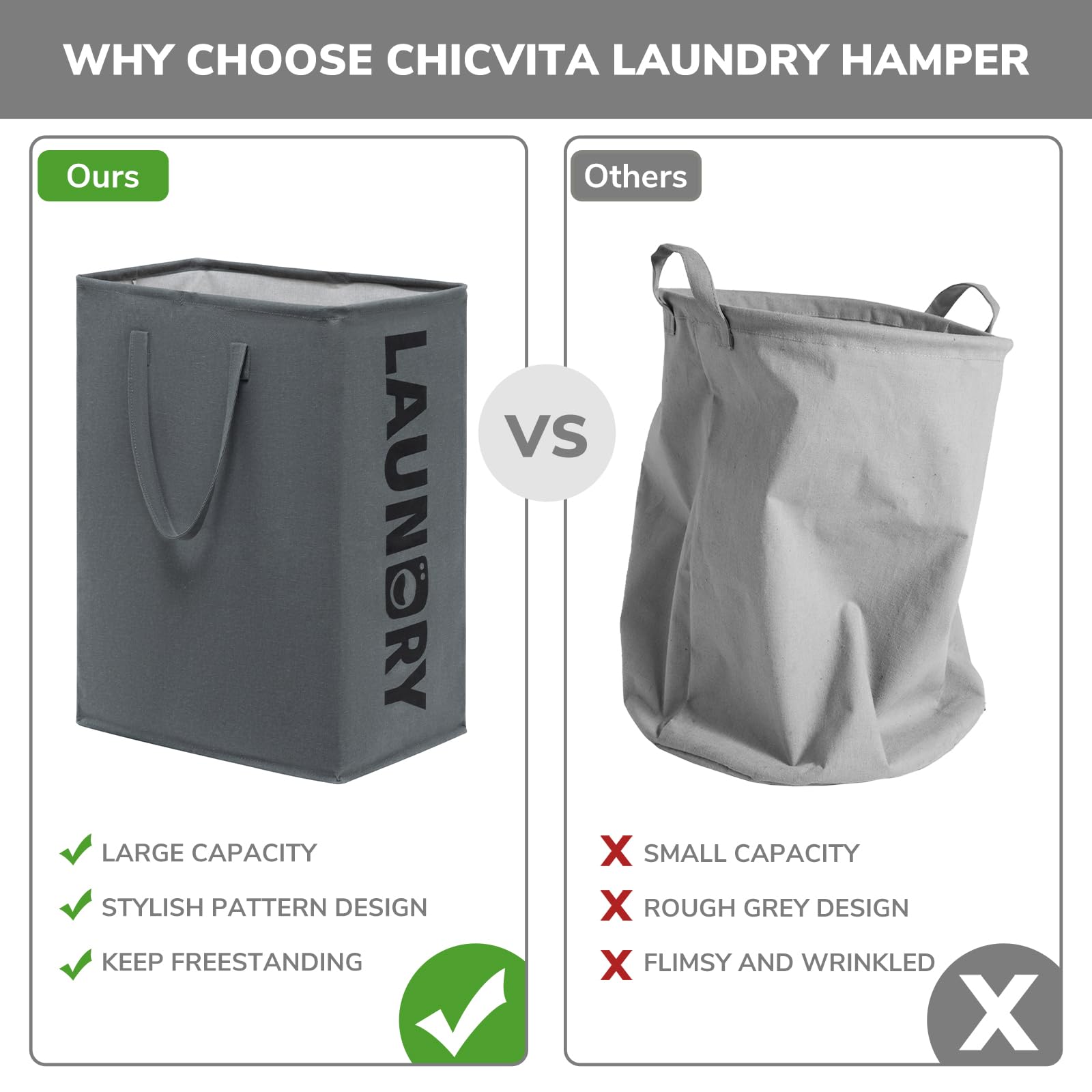 CHICVITA Large Laundry Basket Tall Hampers with Extended Handles, Collapsible Cloth Bins in the Dorm and Family, Foldable Laundry Hampers for Clothes Toys, Towel, 2-Pack 75L, Grey Bin