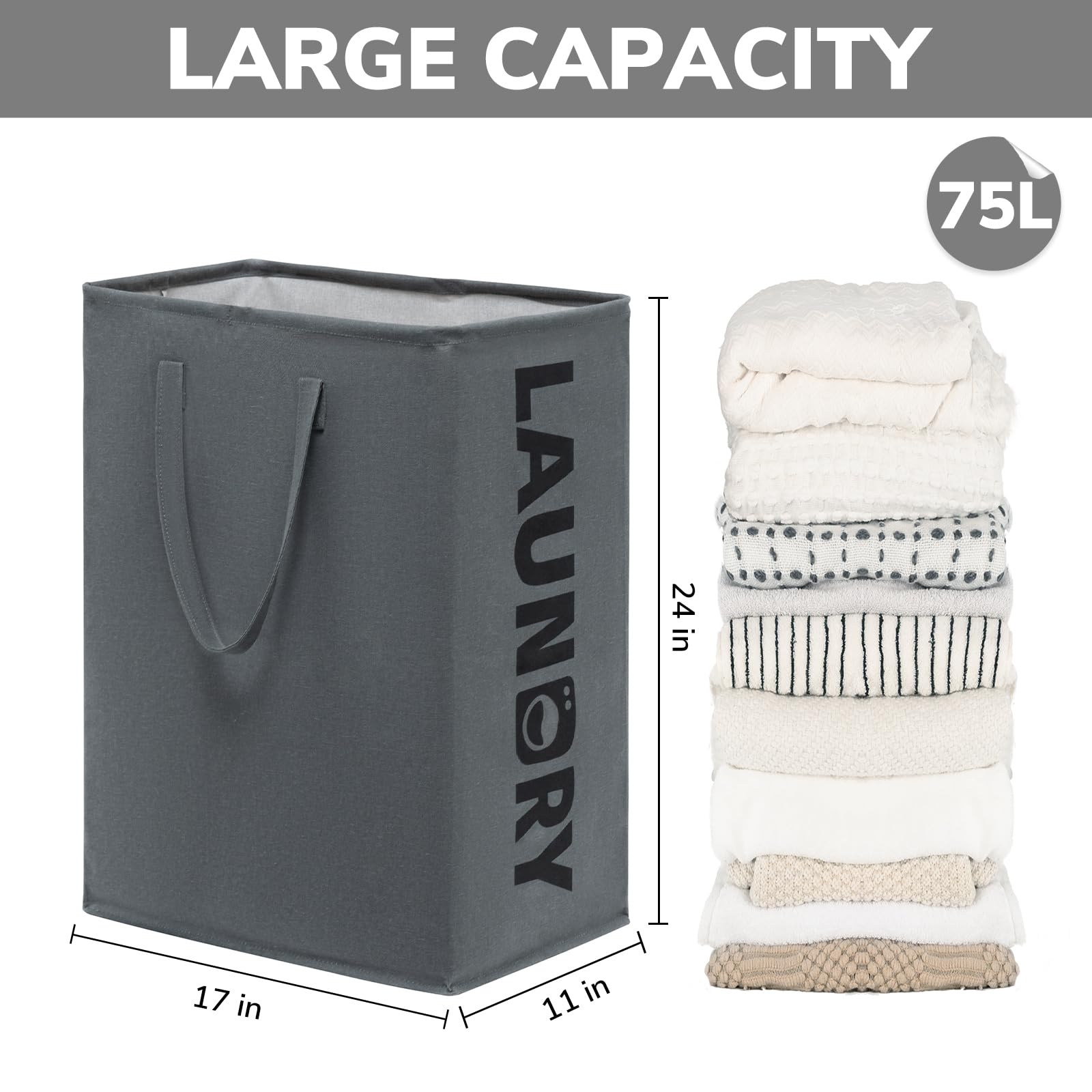 CHICVITA Large Laundry Basket Tall Hampers with Extended Handles, Collapsible Cloth Bins in the Dorm and Family, Foldable Laundry Hampers for Clothes Toys, Towel, 2-Pack 75L, Grey Bin