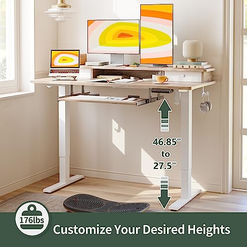 FEZIBO Standing Desk with Drawers, Adjustable Height Desk with Keyboard Tray, Stand Up Desk with Storage Shelf, 48 x 24 Inchs, Maple Top