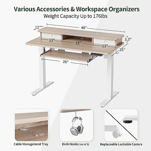 FEZIBO Standing Desk with Drawers, Adjustable Height Desk with Keyboard Tray, Stand Up Desk with Storage Shelf, 48 x 24 Inchs, Maple Top