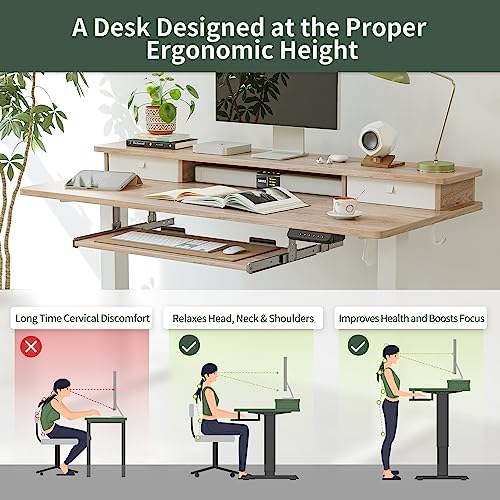 FEZIBO Standing Desk with Drawers, Adjustable Height Desk with Keyboard Tray, Stand Up Desk with Storage Shelf, 48 x 24 Inchs, Maple Top