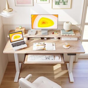 FEZIBO Standing Desk with Drawers, Adjustable Height Desk with Keyboard Tray, Stand Up Desk with Storage Shelf, 48 x 24 Inchs, Maple Top