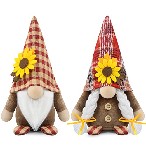 Godeufe Set of 2 Thanksgiving Gnomes Plush Fall 3D Sunflowers Decorations Harvest Gift Handmade Elf Dwarf Figurines for Home Kitchen Farmhouse Tiered Tray Holiday Festival Party Scandinavian Tomte