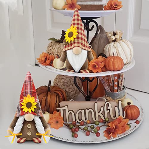 Godeufe Set of 2 Thanksgiving Gnomes Plush Fall 3D Sunflowers Decorations Harvest Gift Handmade Elf Dwarf Figurines for Home Kitchen Farmhouse Tiered Tray Holiday Festival Party Scandinavian Tomte