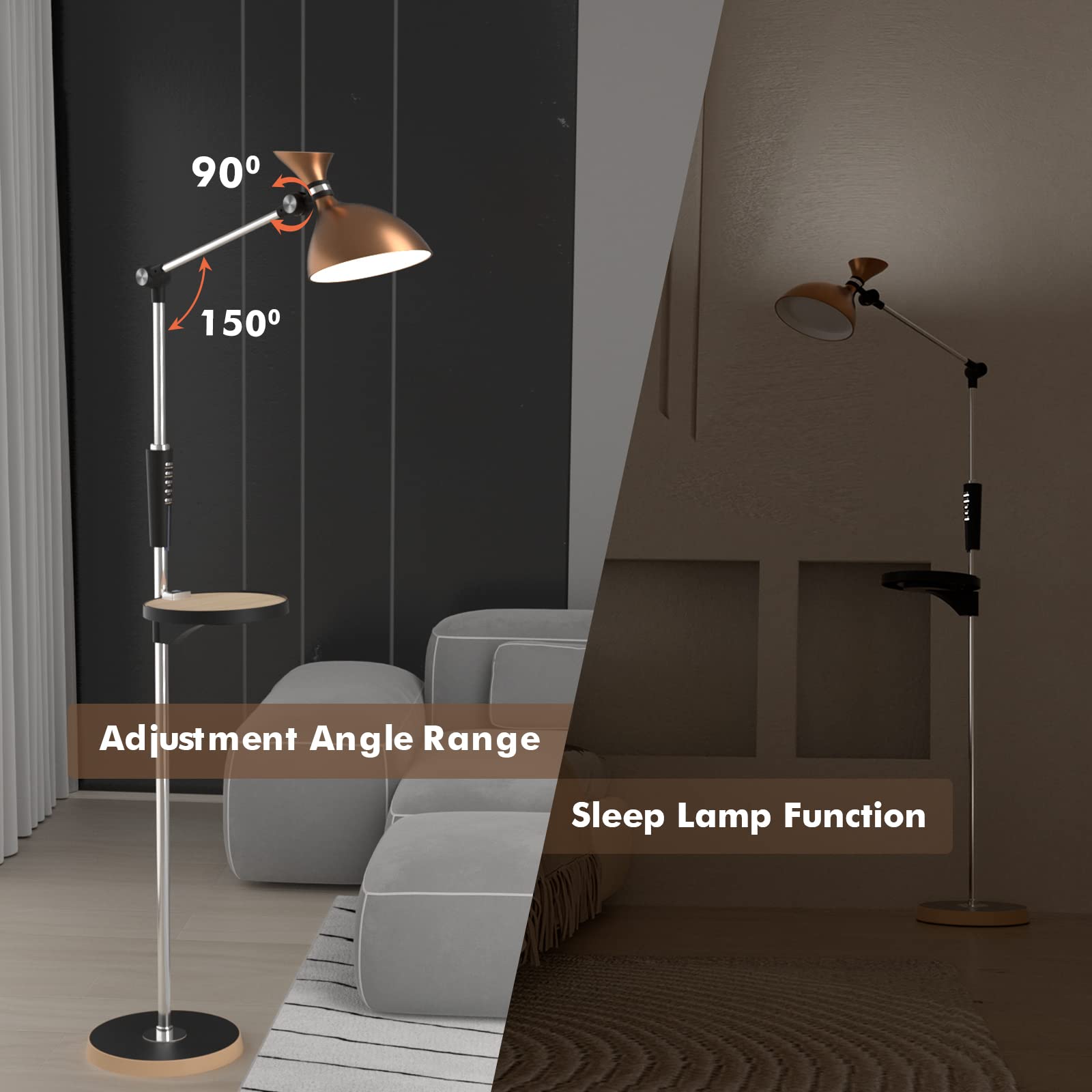 Buanick Floor Lamp with USB Charging and Tray,Super Bright Dimmable LED Floor Lamps for Living Room, Double Luminaire Floor Lamp for Bedroom and Office-Golden