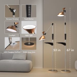 Buanick Floor Lamp with USB Charging and Tray,Super Bright Dimmable LED Floor Lamps for Living Room, Double Luminaire Floor Lamp for Bedroom and Office-Golden