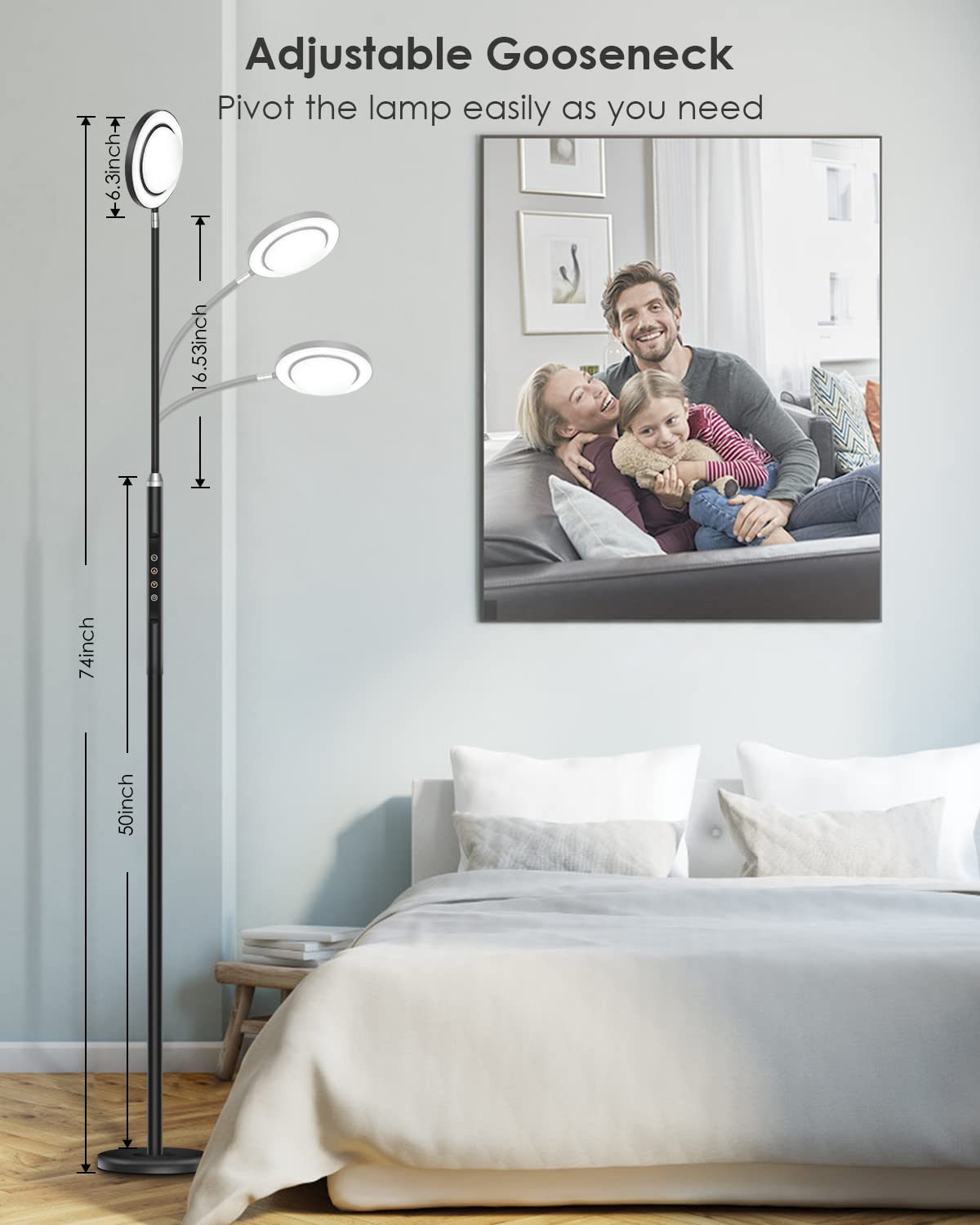 YIKBIK LED Floor Lamp for Bedroom, 24W 2400LM 74 Inch Standing Lamp with 3 Color Temperatures, Modern floor Reading Lamp with Remote & Touch Control, Adjustable gooseneck floor lamp for Office Reading