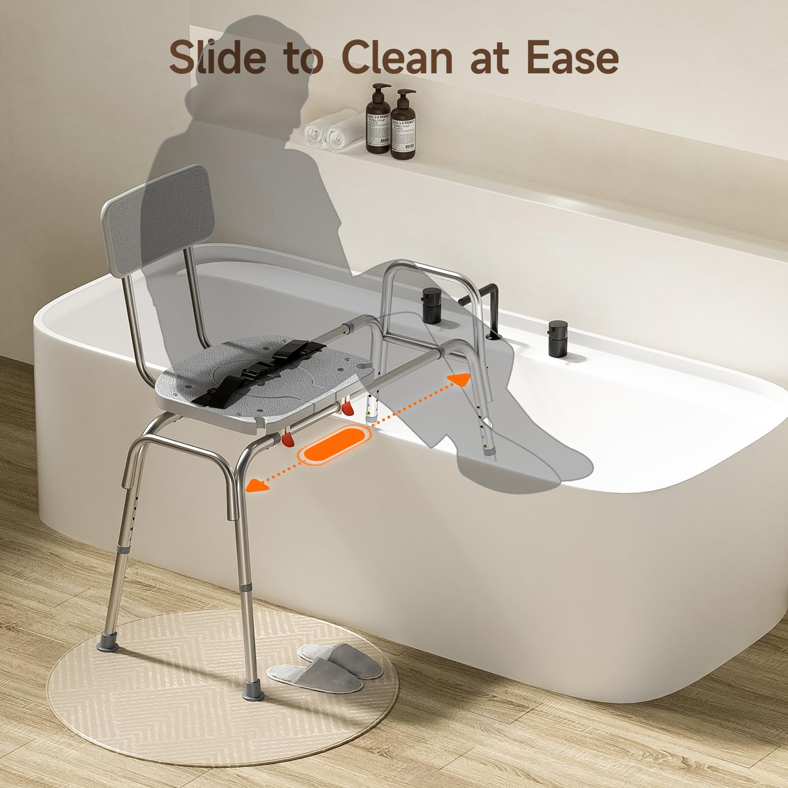 WAYES Sliding Shower Chair and Tub Transfer Benches with Cutout Access, Adjustable Seat Height and Safety Belt, Bath and Shower Safety for Seniors, Quick Tool-Less Assembly