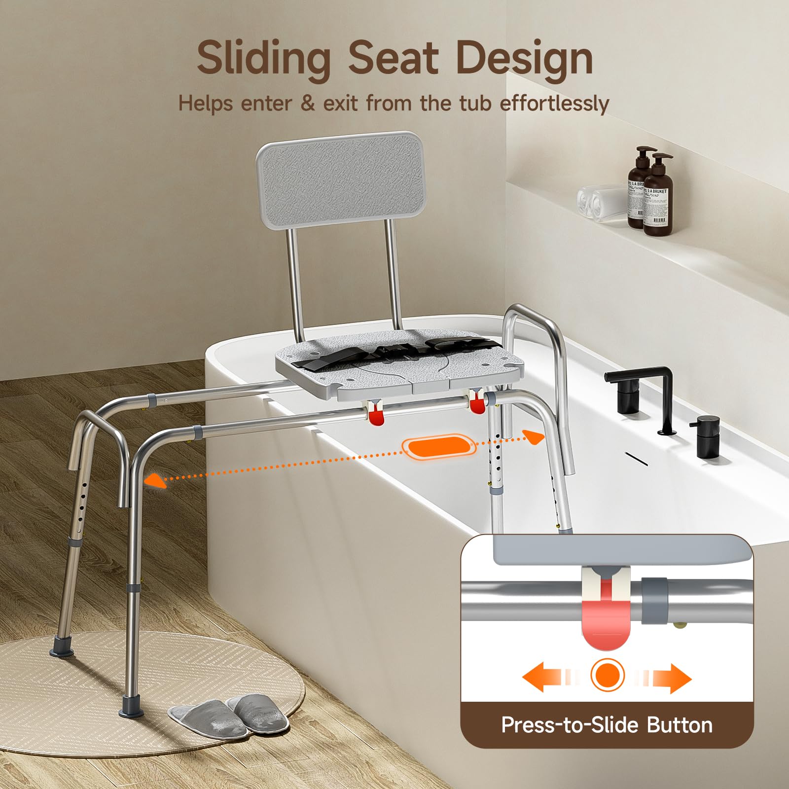 WAYES Sliding Shower Chair and Tub Transfer Benches with Cutout Access, Adjustable Seat Height and Safety Belt, Bath and Shower Safety for Seniors, Quick Tool-Less Assembly