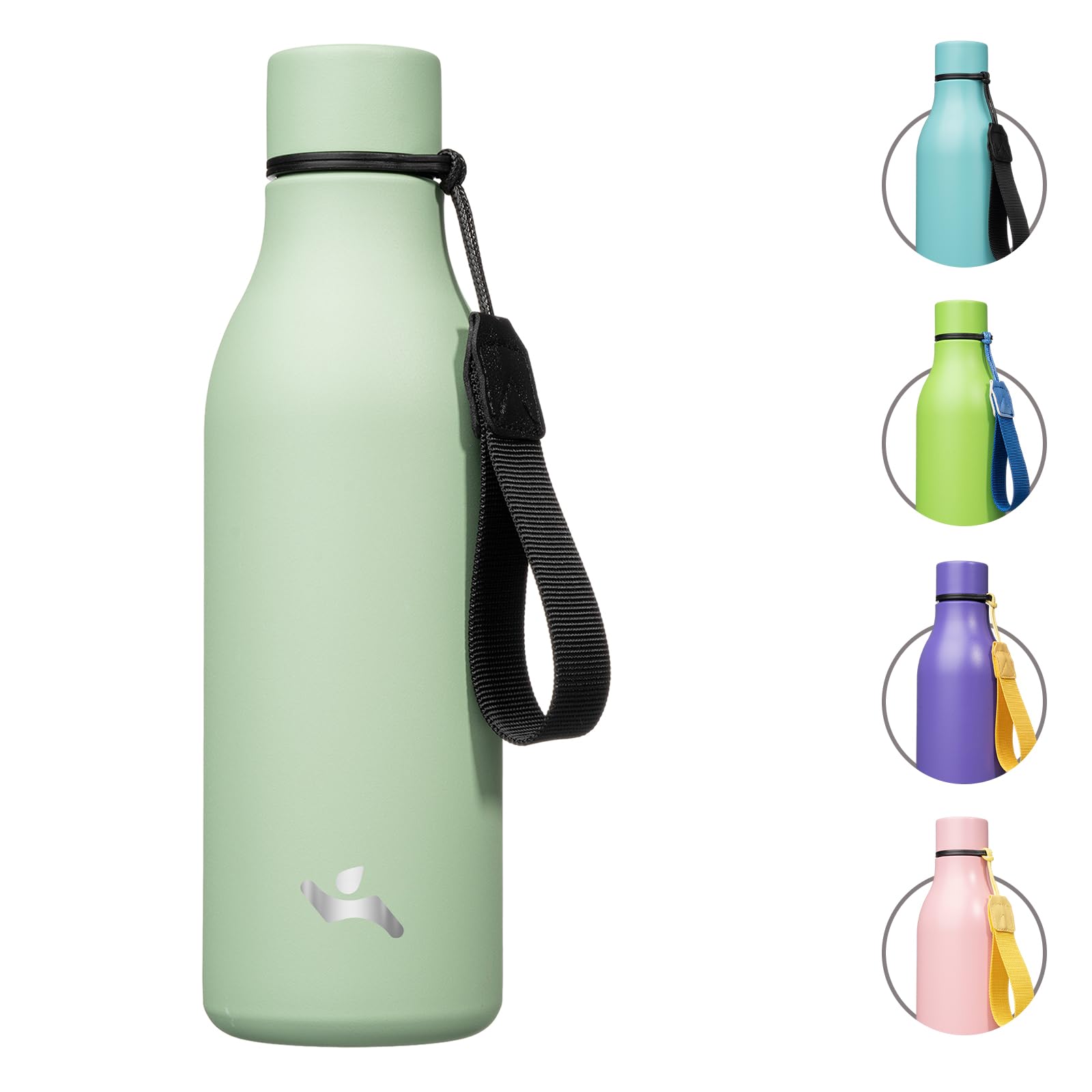 Konokyo Insulated Water Bottle with Strap,18oz Double Wall Stainless Steel Vacuum Bottles Metal Water Flask,Macaron Green