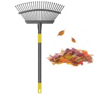 collapsible rake for leaves, 30-61 inch metal leaf rakes for lawns heavy duty extended handle, 25 tines 18" wide rake garden tools for camping, yard, landscape, pine needle and grass