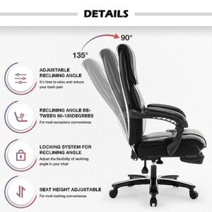 Bosmiller 500lbs Big and Tall Office Chair Wide Seat for Heavy People with Quiet Wheels Heavy Duty Metal Base High Back Larger Size PU Leather Executive Office Chair with Footrest Back Reclining