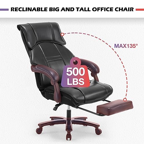 Bosmiller 500lbs Big and Tall Office Chair Wide Seat for Heavy People with Quiet Wheels Heavy Duty Metal Base High Back Larger Size PU Leather Executive Office Chair with Footrest Back Reclining