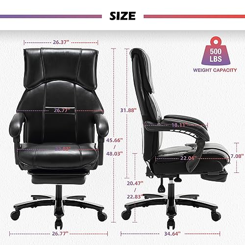 Bosmiller 500lbs Big and Tall Office Chair Wide Seat for Heavy People with Quiet Wheels Heavy Duty Metal Base High Back Larger Size PU Leather Executive Office Chair with Footrest Back Reclining