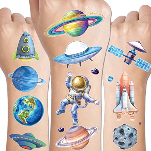 CHARLENT Glitter Galaxy Temporary Tattoos for Kids - 12 Sheets Glitter Outer Space Tattoos for Boys Girls Birthday Party Favors Goodie Bag Fillers