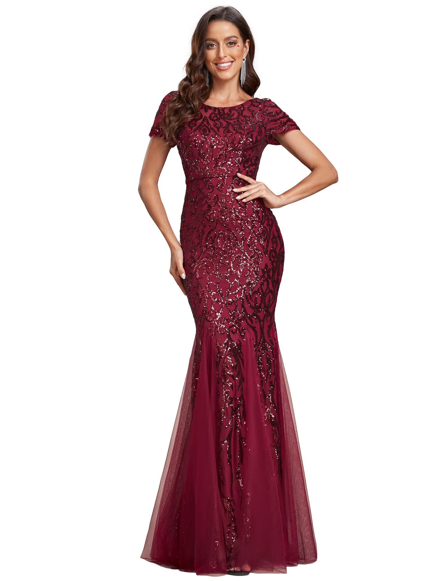 Ever-Pretty Women's Tulle Sequin Bodycon Open Back Mermaid Formal Gowns and Evening Dress Burgundy US8