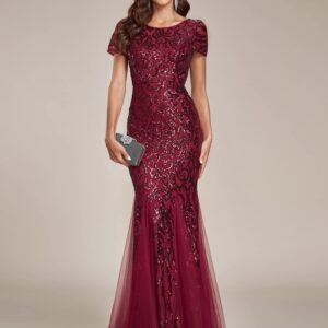 Ever-Pretty Women's Tulle Sequin Bodycon Open Back Mermaid Formal Gowns and Evening Dress Burgundy US8