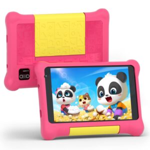 kunleba 7 inch kids tablet andriod 12 tablet for kids quad core 2gb ram 32gb rom 128gb expansion parental control learning tablet portable shockproof case (pink)
