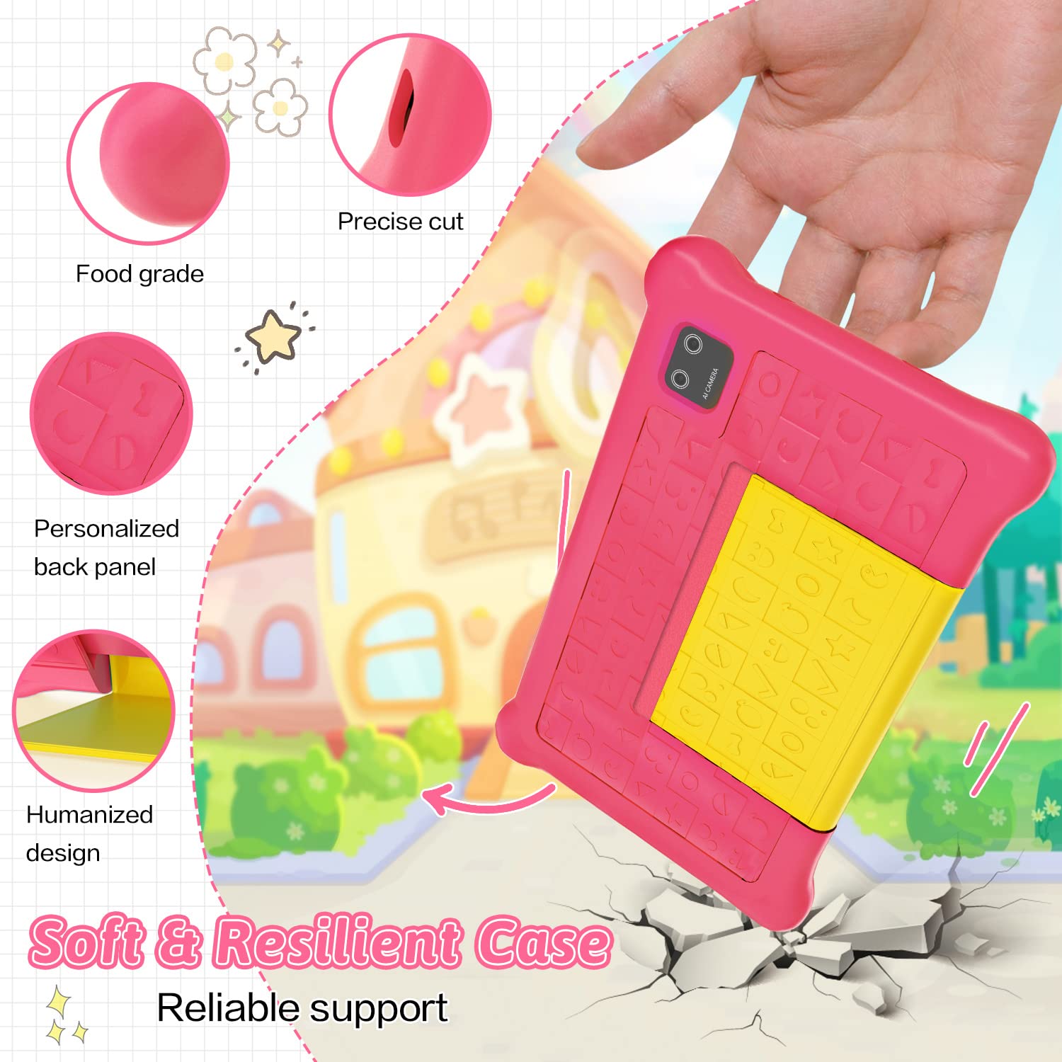 Kunleba 7 Inch Kids Tablet Andriod 12 Tablet for Kids Quad Core 2GB RAM 32GB ROM 128GB Expansion Parental Control Learning Tablet Portable Shockproof Case (Pink)