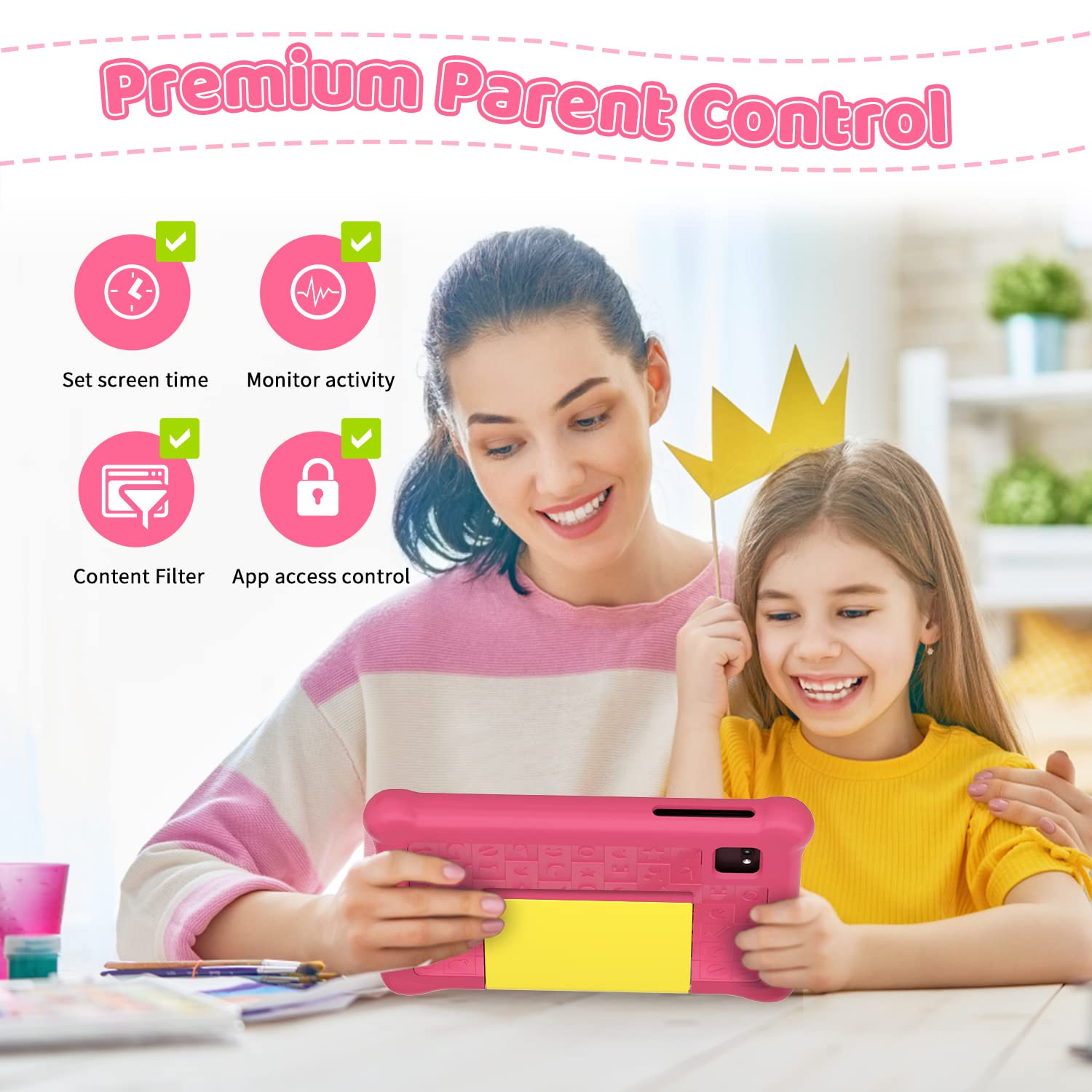 Kunleba 7 Inch Kids Tablet Andriod 12 Tablet for Kids Quad Core 2GB RAM 32GB ROM 128GB Expansion Parental Control Learning Tablet Portable Shockproof Case (Pink)