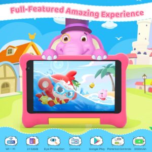 Kunleba 7 Inch Kids Tablet Andriod 12 Tablet for Kids Quad Core 2GB RAM 32GB ROM 128GB Expansion Parental Control Learning Tablet Portable Shockproof Case (Pink)