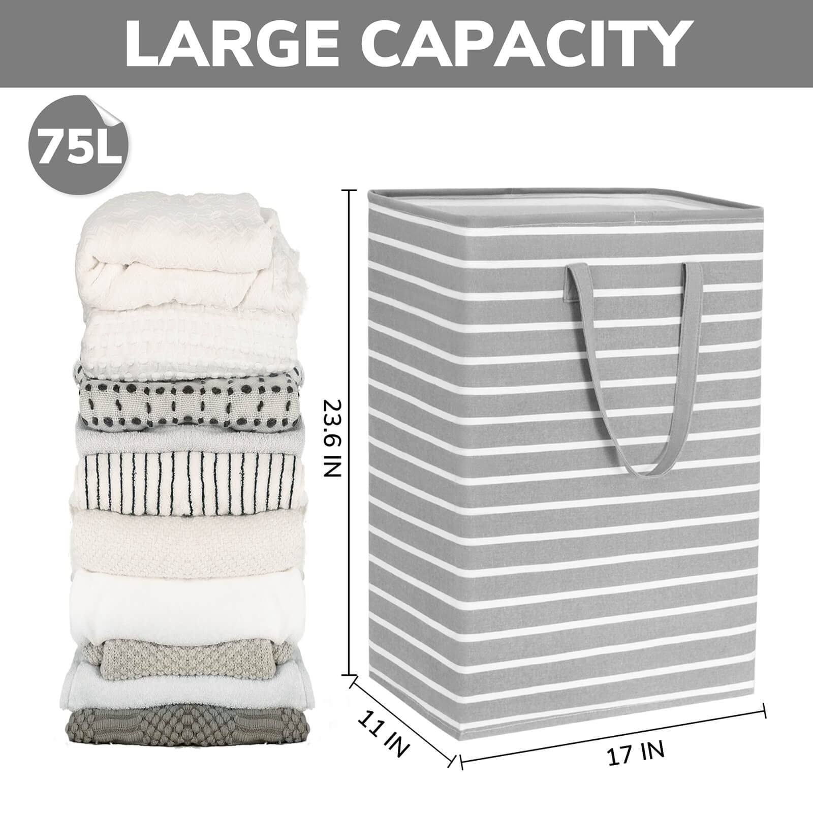 Goodpick Laundry Hamper Large Collapsible Laundry Baskets for Towels Bedding Dirty Clothes Hampers for Laundry Bin Toy Storage Baskets for Organizing Blankets in Bedroom Student Dorm, 75L 2 Pack, Grey