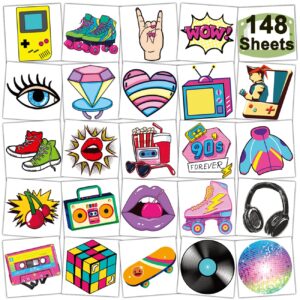 charlent 148 pcs 90s 80s theme temporary tattoos for kids - retro individual tattoos for boys girls 90s birthday party favors goodie bag fillers