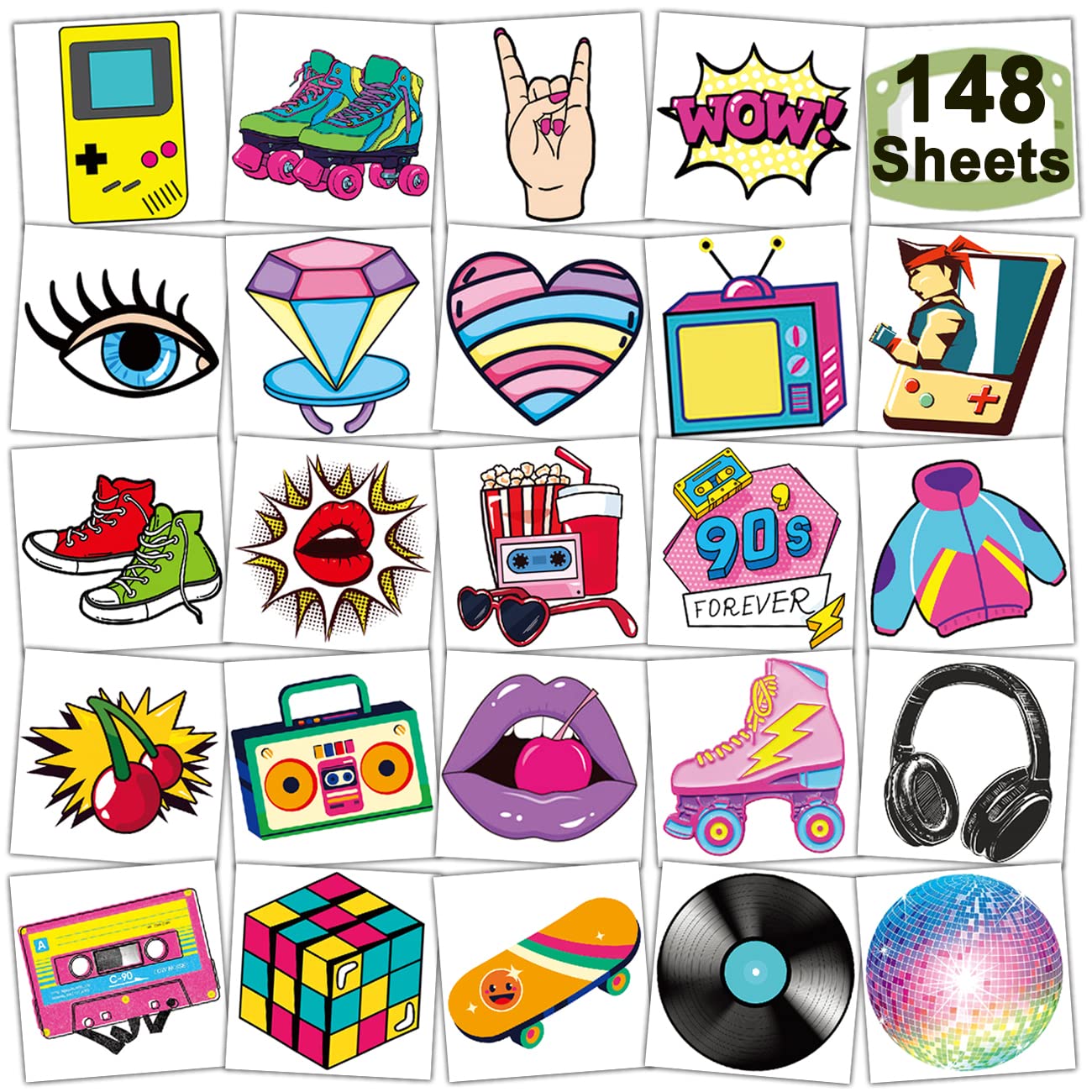 CHARLENT 148 PCS 90s 80s Theme Temporary Tattoos for Kids - Retro Individual Tattoos for Boys Girls 90s Birthday Party Favors Goodie Bag Fillers