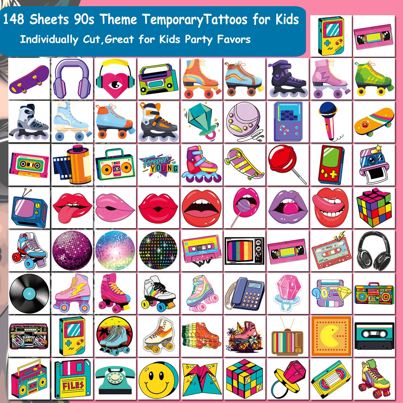 CHARLENT 148 PCS 90s 80s Theme Temporary Tattoos for Kids - Retro Individual Tattoos for Boys Girls 90s Birthday Party Favors Goodie Bag Fillers