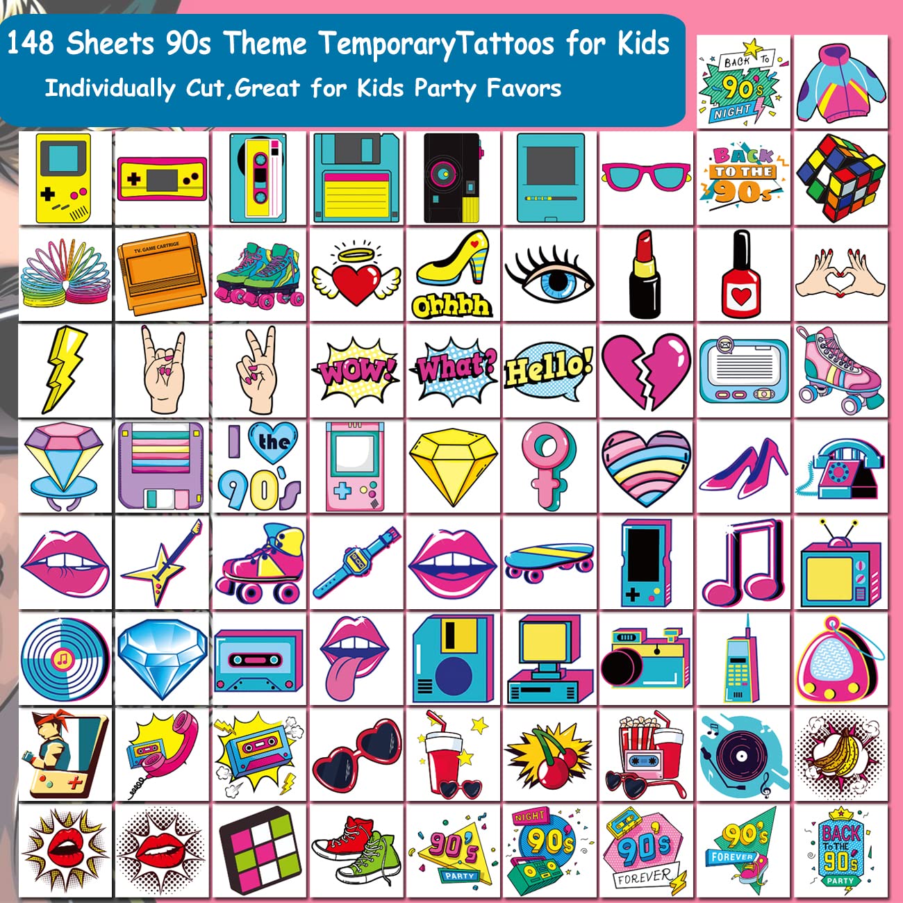 CHARLENT 148 PCS 90s 80s Theme Temporary Tattoos for Kids - Retro Individual Tattoos for Boys Girls 90s Birthday Party Favors Goodie Bag Fillers