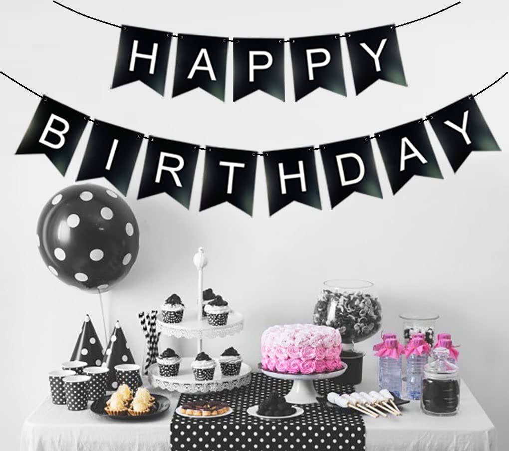 Black Happy Birthday Banner, Black Happy Birthday Bunting Banner with White Letters Birthday Party Decoration Supplies