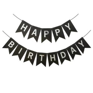 runhiskii black happy birthday banner, durable happy birthday sign with white silver letters for birthday party decorations