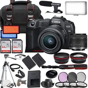 canon eos r8 mirrorless camera w/rf 24-50mm f/4.5-6.3 is stm lens + 2x 64gb memory + case + microphone + led video light + more (35pc bundle)