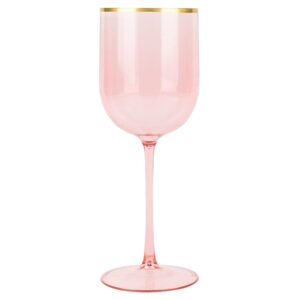 ecoquality translucent plastic pink wine glasses with gold rim - 12 oz wine cups with stem, disposable shatterproof wine goblets, reusable, elegant drink cup tumblers weddings, party (2 pack)