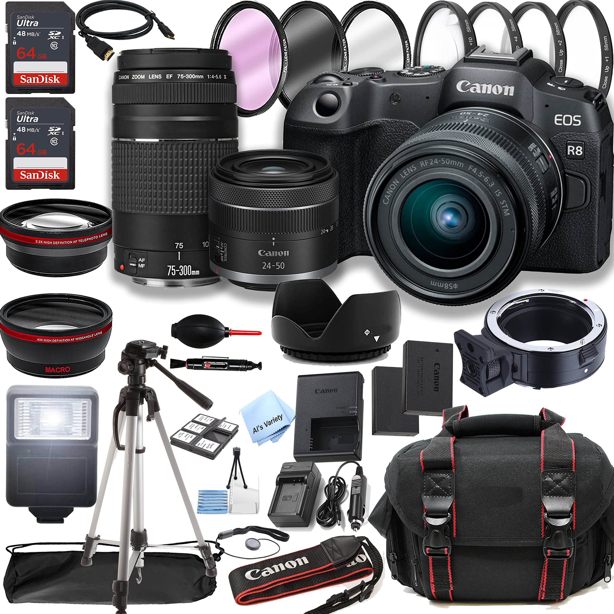 Canon EOS R8 Mirrorless Camera with RF 24-50mm f/4.5-6.3 is STM Lens + 75-300mm F/4-5.6 III Lens + 128GB Memory + Case + Tripod + Filters (40pc Bundle)