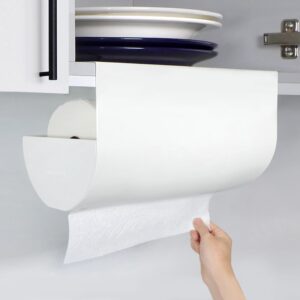 dogorow paper towel holder - under cabinet paper towel holder for kitchen, bathroom - one hand operation, space saving design - paper towel rack, self-adhesive, no drill mounting (white)