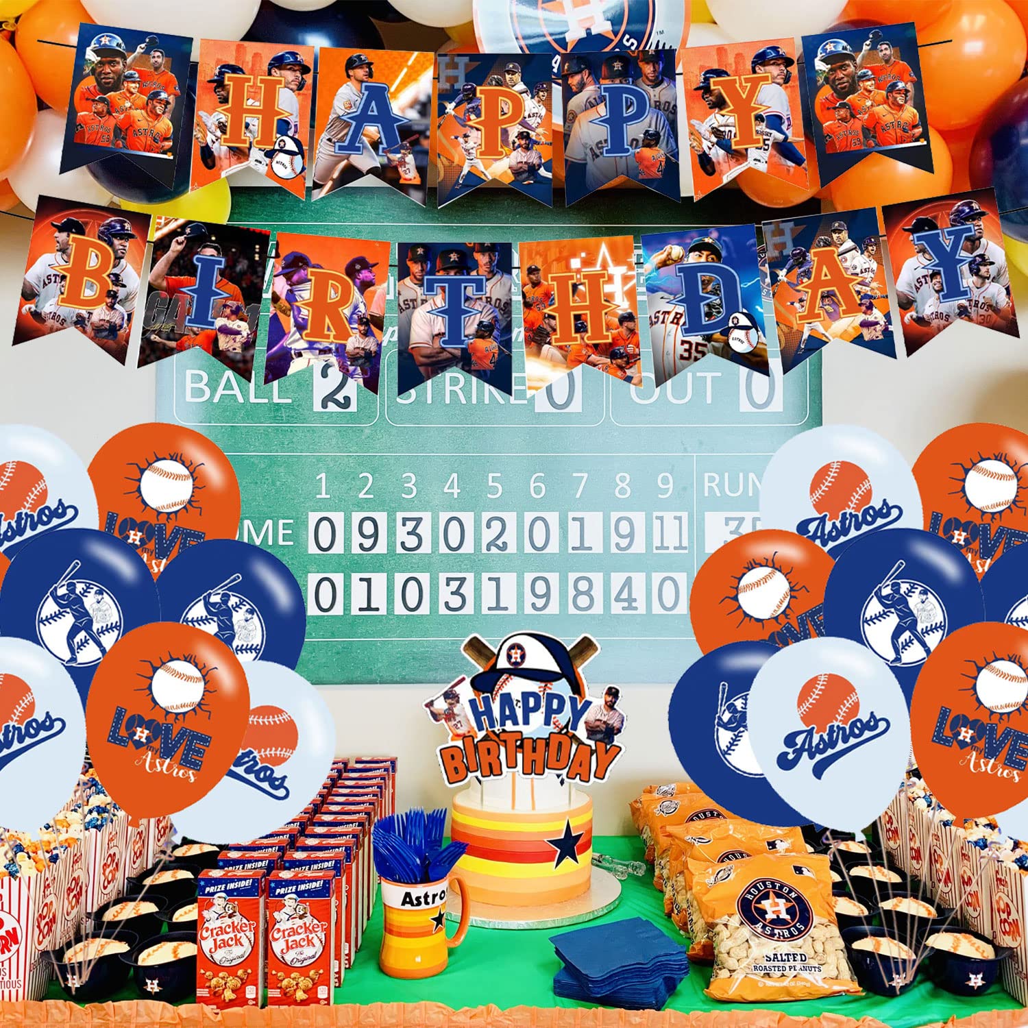 Astros Baseball Party Decorations,Birthday Party Supplies For Baseball Team Party Supplies Includes Banner - Cake Topper - 12 Cupcake Toppers - 18 Balloons