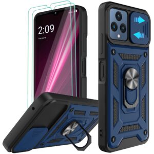 akinik for t-mobile revvl 6 5g case, revvl 6x 5g case with slide camera cover and 2pcs hd screen protector, 360° rotation ring kickstand [military grade] protective case (blue)