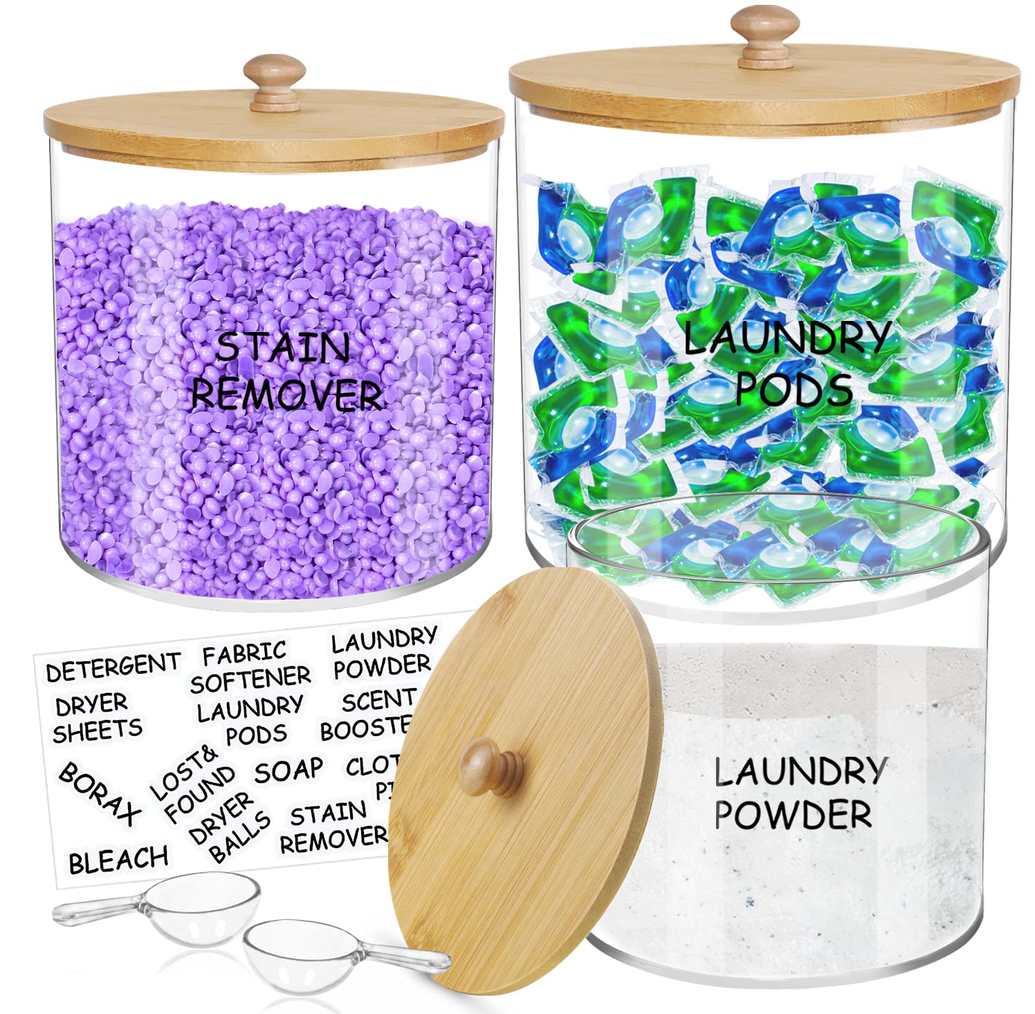 Large Capacity Laundry Room Organization Jars, 3 Pcs Acrylic Laundry Detergent Container with 2 Scoops & Labels, Clear Laundry Jars for Powder, Dryer balls, Pods,Scent Boosters, Laundry Room Storage