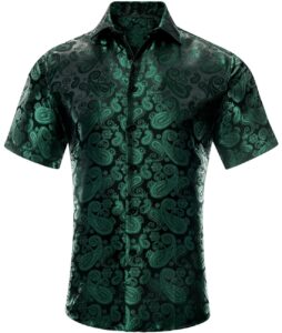 hi-tie silk dark green mens dress shirt jacquard short sleeve regular fit turn down collar shirts for casual vacation party
