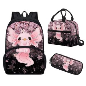 hellhero cute axolotl backpack and lunch bag set for girls school bag kids cherry blossom school backpacks preschool elementary student junior schoolbag children bookbag